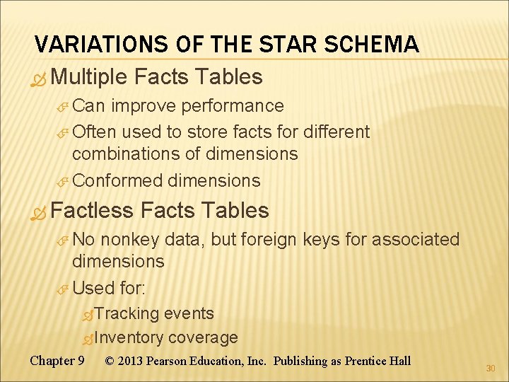 VARIATIONS OF THE STAR SCHEMA Multiple Facts Tables Can improve performance Often used to