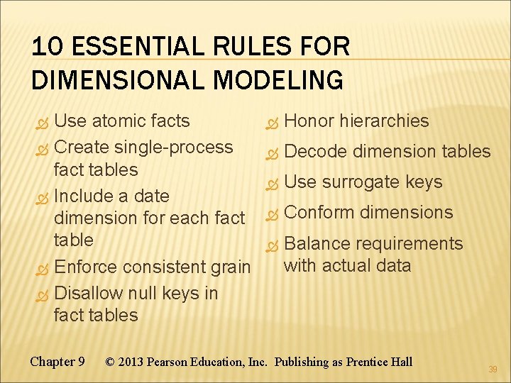 10 ESSENTIAL RULES FOR DIMENSIONAL MODELING Use atomic facts Create single-process fact tables Include