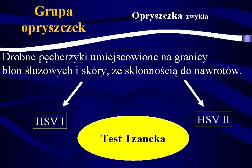 Grupa opryszczek Opryszczka zwykła Drobne pęcherzyki umiejscowione na granicy błon śluzowych i skóry, ze