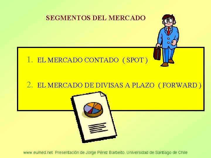 SEGMENTOS DEL MERCADO 1. EL MERCADO CONTADO ( SPOT ) 2. EL MERCADO DE