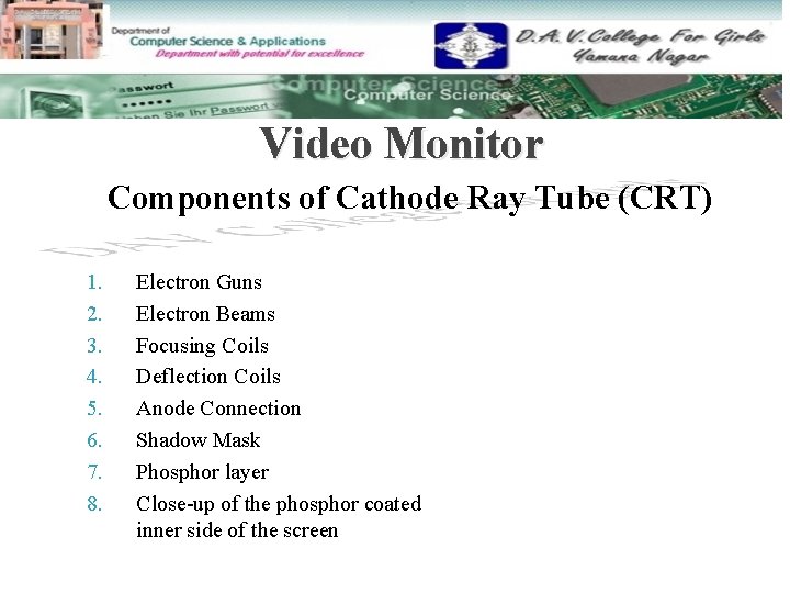 Video Monitor Components of Cathode Ray Tube (CRT) 1. 2. 3. 4. 5. 6.