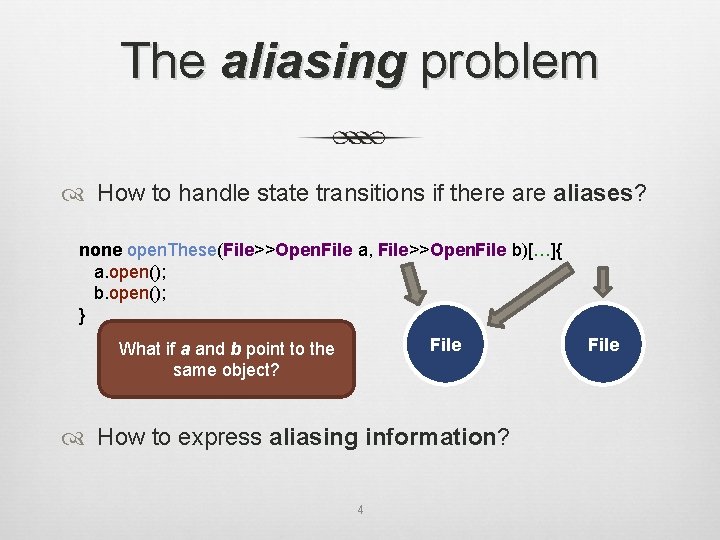 The aliasing problem How to handle state transitions if there aliases? none open. These(File>>Open.