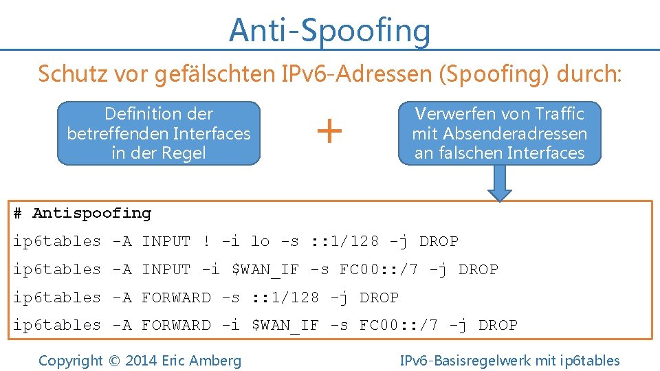 Anti-Spoofing Schutz vor gefälschten IPv 6 -Adressen (Spoofing) durch: Definition der betreffenden Interfaces in