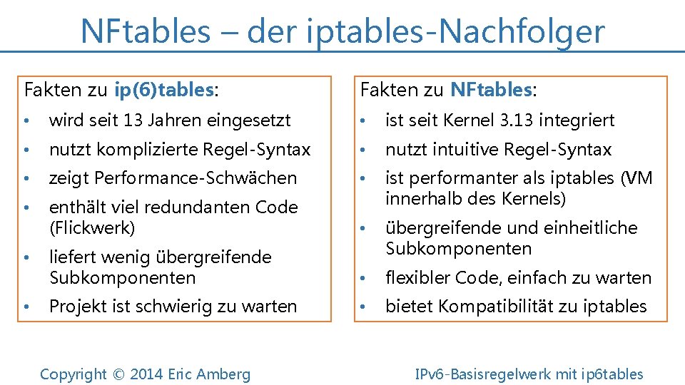 NFtables – der iptables-Nachfolger Fakten zu ip(6)tables: Fakten zu NFtables: • wird seit 13