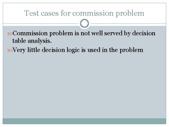 Test cases for commission problem Commission problem is not well served by decision table