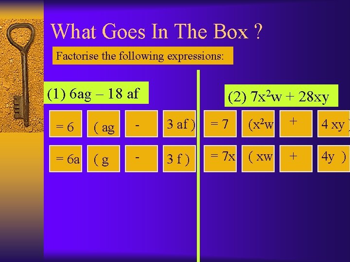 What Goes In The Box ? Factorise the following expressions: (1) 6 ag –