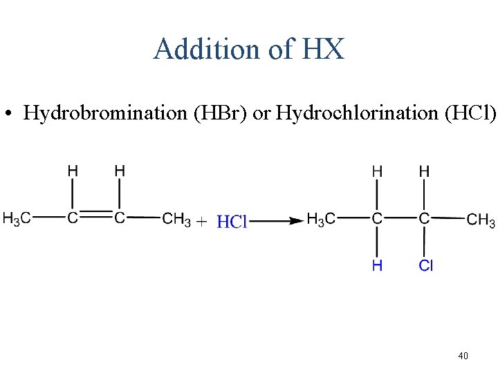 Addition of HX • Hydrobromination (HBr) or Hydrochlorination (HCl) 40 