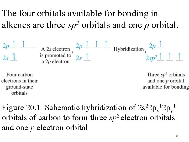 The four orbitals available for bonding in alkenes are three sp 2 orbitals and