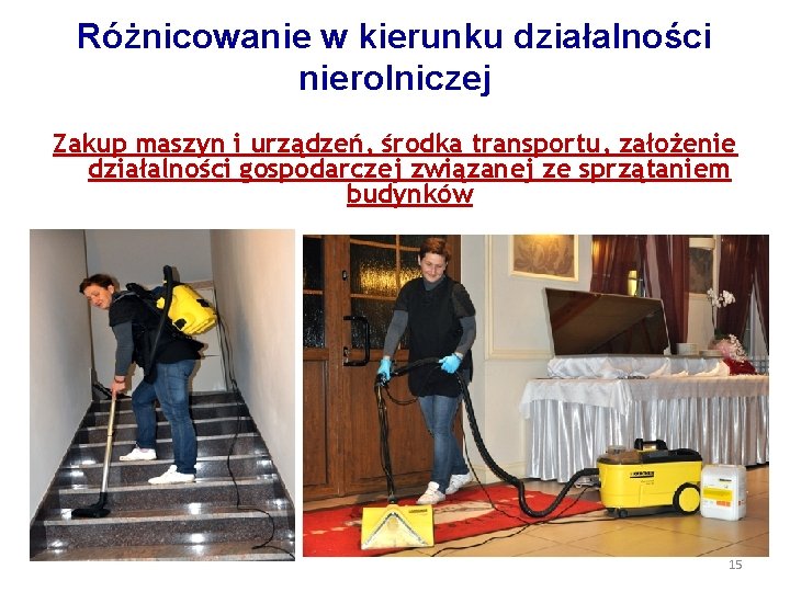 Różnicowanie w kierunku działalności nierolniczej Zakup maszyn i urządzeń, środka transportu, założenie działalności gospodarczej
