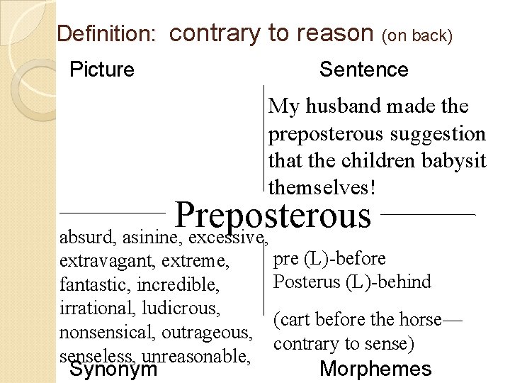 Definition: contrary to reason Picture (on back) Sentence My husband made the preposterous suggestion