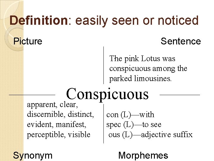 Definition: easily seen or noticed Picture Sentence. pink Lotus was The conspicuous among the