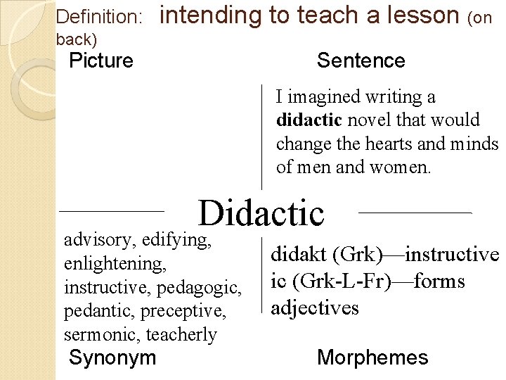 Definition: intending to teach a lesson (on back) Picture Sentence I imagined writing a