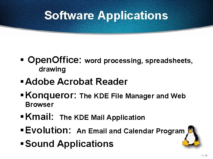 Software Applications § Open. Office: word processing, spreadsheets, drawing § Adobe Acrobat Reader §