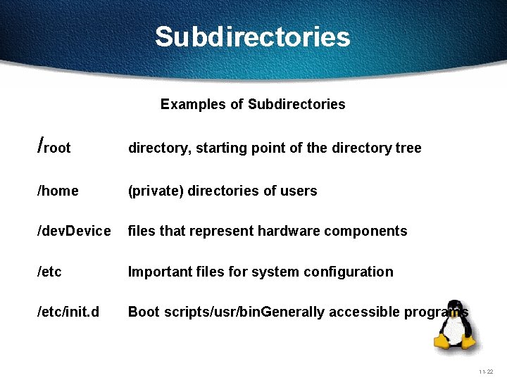 Subdirectories Examples of Subdirectories /root directory, starting point of the directory tree /home (private)