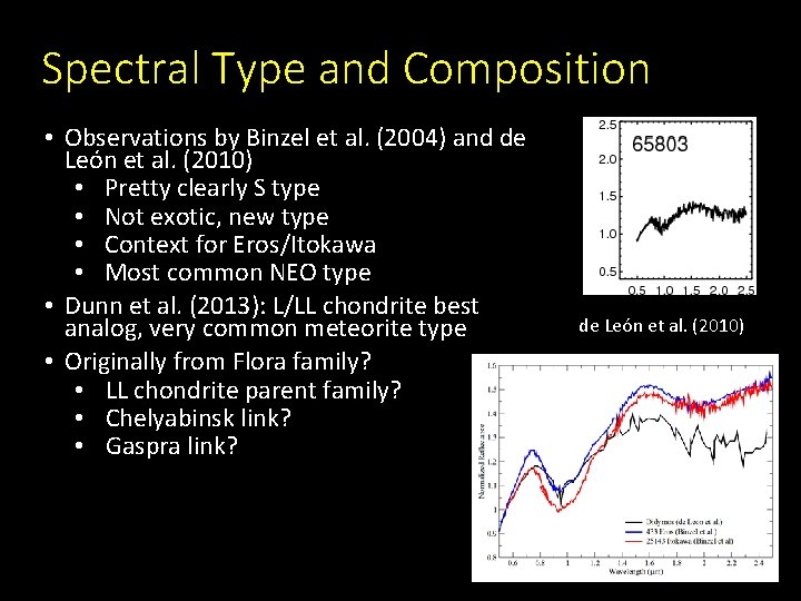 Spectral Type and Composition • Observations by Binzel et al. (2004) and de León