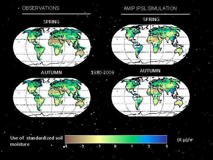 OBSERVATIONS AMIP IPSL SIMULATION SPRING AUTUMN Use of standardized soil moisture 1980 -2009 AUTUMN
