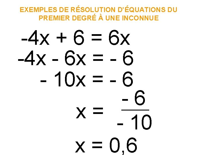 EXEMPLES DE RÉSOLUTION D’ÉQUATIONS DU PREMIER DEGRÉ À UNE INCONNUE -4 x + 6