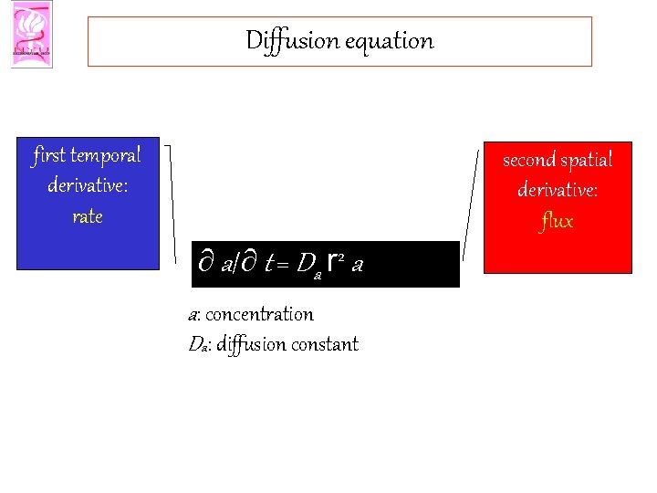Diffusion equation first temporal derivative: rate second spatial derivative: flux ¶ a/¶ t =