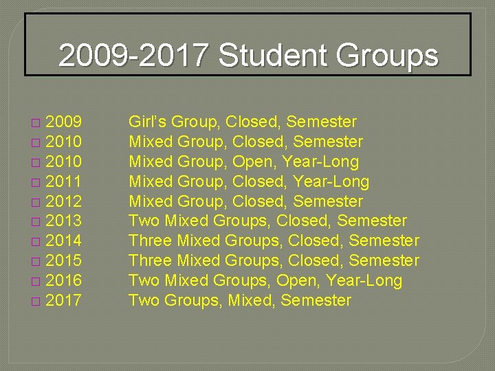 2009 -2017 Student Groups 2009 � 2010 � 2011 � 2012 � 2013 �