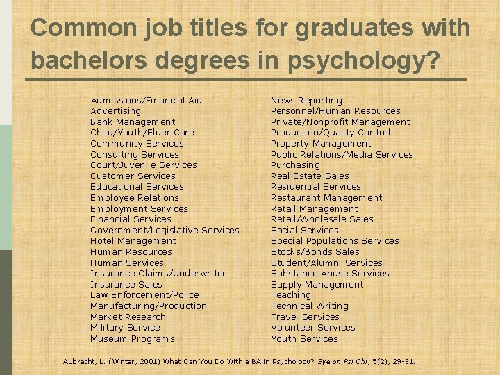 Common job titles for graduates with bachelors degrees in psychology? Admissions/Financial Aid Advertising Bank