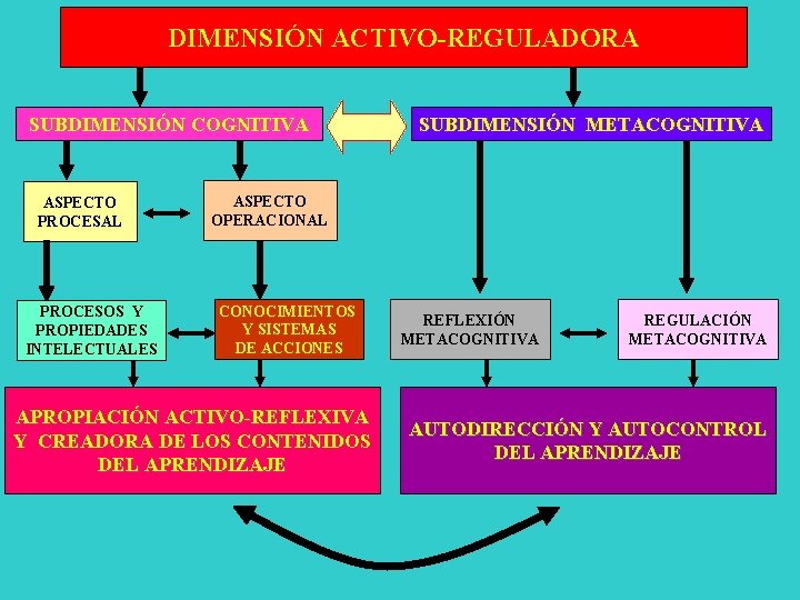 DIMENSIÓN ACTIVO-REGULADORA SUBDIMENSIÓN COGNITIVA ASPECTO PROCESAL PROCESOS Y PROPIEDADES INTELECTUALES SUBDIMENSIÓN METACOGNITIVA ASPECTO OPERACIONAL