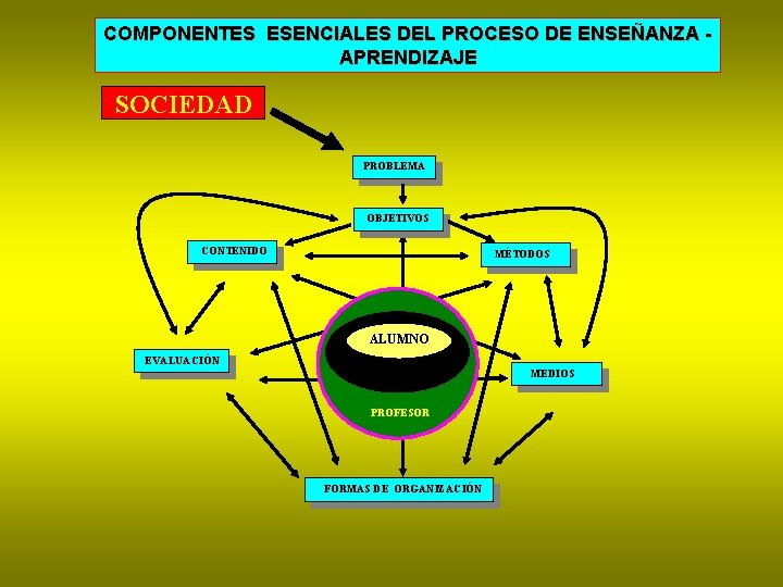 COMPONENTES ESENCIALES DEL PROCESO DE ENSEÑANZA APRENDIZAJE SOCIEDAD PROBLEMA OBJETIVOS CONTENIDO MÉTODOS ALUMNO EVALUACIÓN