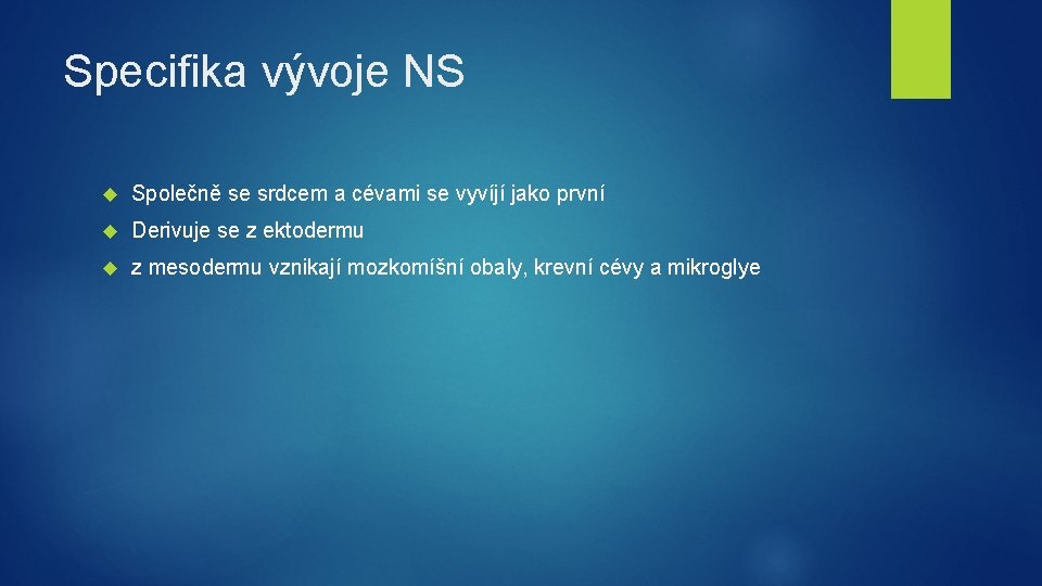 Specifika vývoje NS Společně se srdcem a cévami se vyvíjí jako první Derivuje se