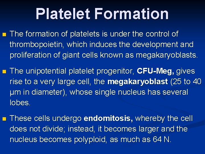 Platelet Formation n The formation of platelets is under the control of thrombopoietin, which