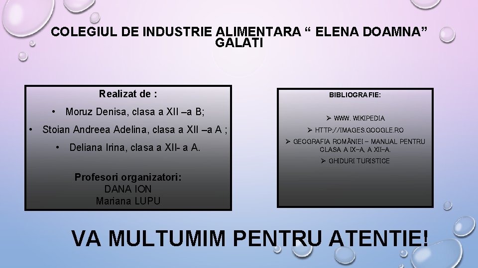 COLEGIUL DE INDUSTRIE ALIMENTARA “ ELENA DOAMNA” GALATI Realizat de : • Moruz Denisa,