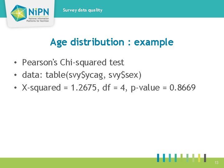 Survey data quality Age distribution : example • Pearson's Chi-squared test • data: table(svy$ycag,