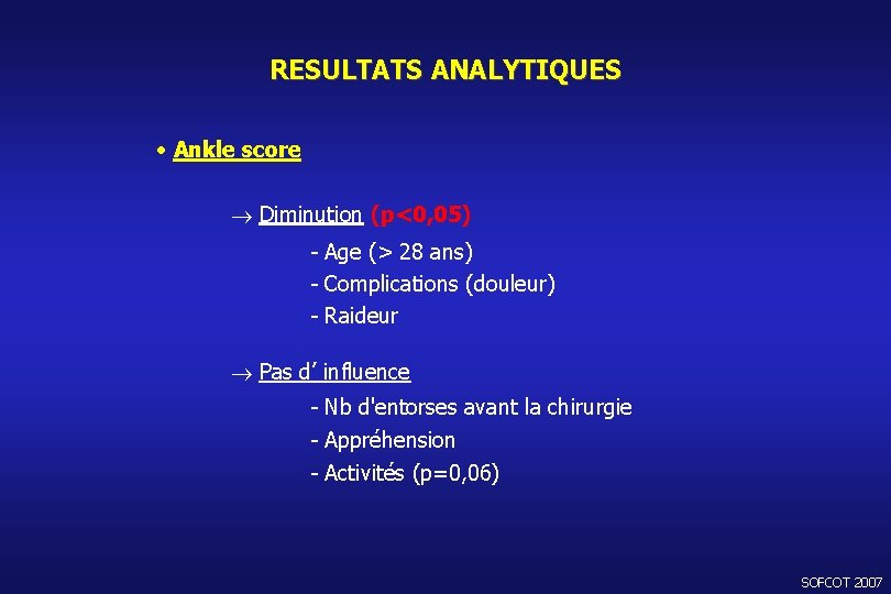 RESULTATS ANALYTIQUES • Ankle score Diminution (p<0, 05) - Age (> 28 ans) -