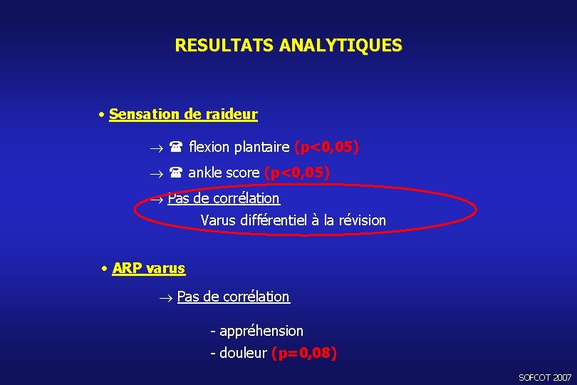 RESULTATS ANALYTIQUES • Sensation de raideur flexion plantaire (p<0, 05) ankle score (p<0, 05)