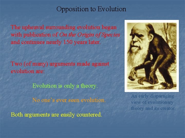 Opposition to Evolution The upheaval surrounding evolution began with publication of On the Origin