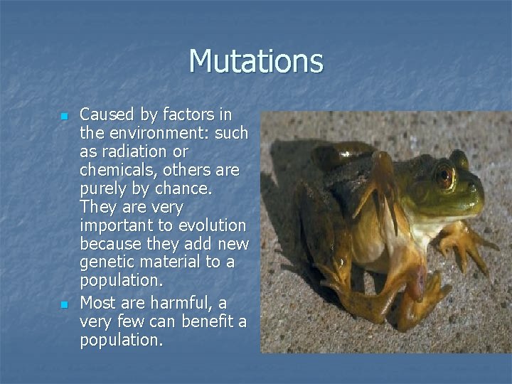 Mutations n n Caused by factors in the environment: such as radiation or chemicals,