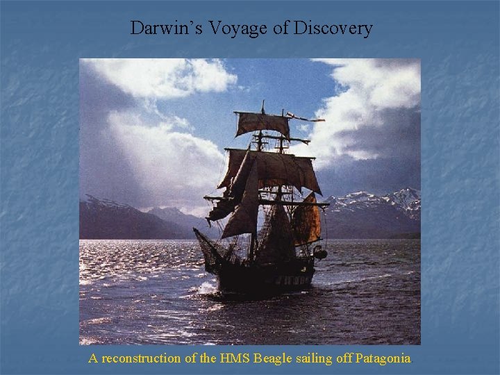 Darwin’s Voyage of Discovery A reconstruction of the HMS Beagle sailing off Patagonia. 