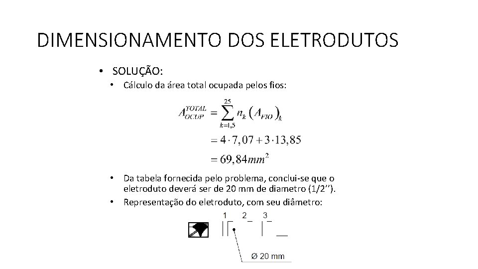 DIMENSIONAMENTO DOS ELETRODUTOS • SOLUÇÃO: • Cálculo da área total ocupada pelos fios: •