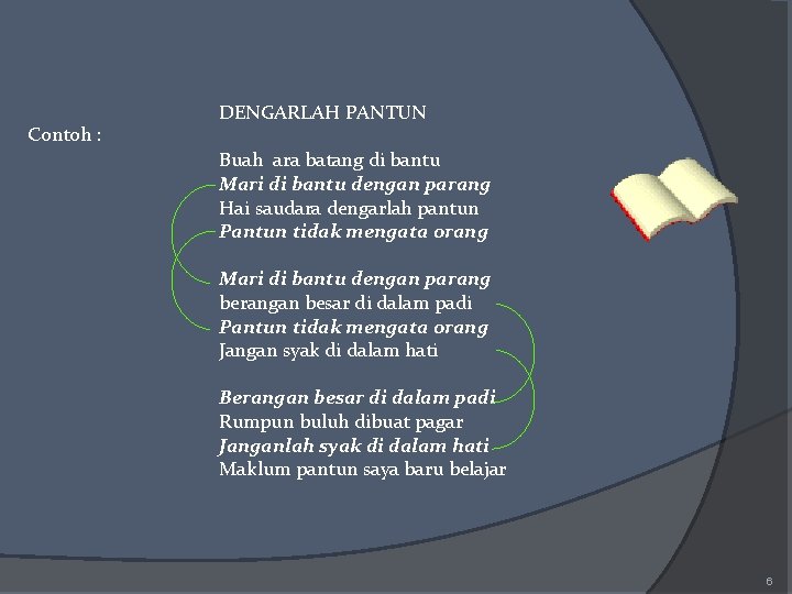 Contoh : DENGARLAH PANTUN Buah ara batang di bantu Mari di bantu dengan parang