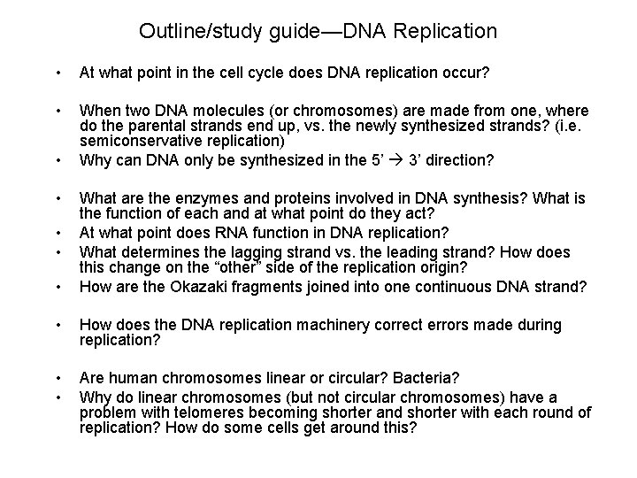 Outline/study guide—DNA Replication • At what point in the cell cycle does DNA replication