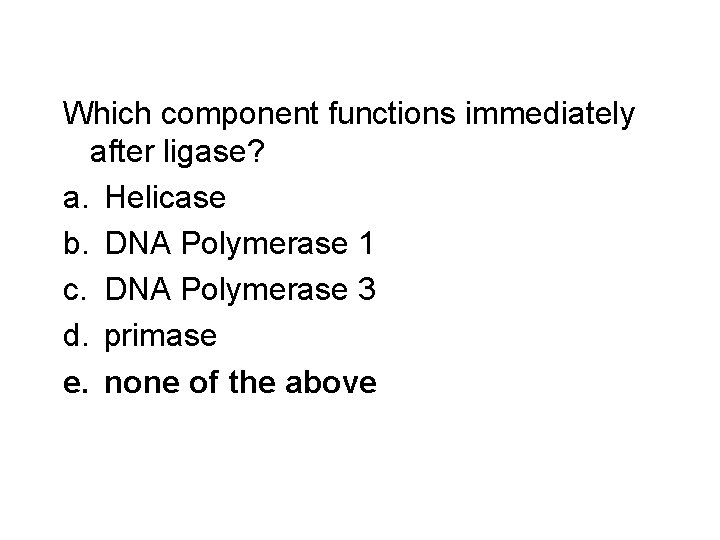 Which component functions immediately after ligase? a. Helicase b. DNA Polymerase 1 c. DNA