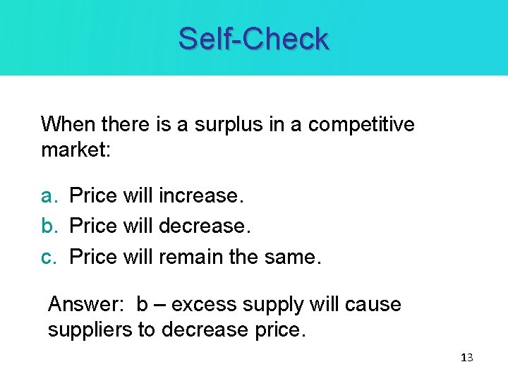 Self-Check When there is a surplus in a competitive market: a. Price will increase.