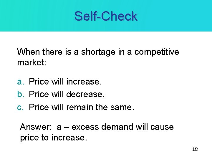 Self-Check When there is a shortage in a competitive market: a. Price will increase.