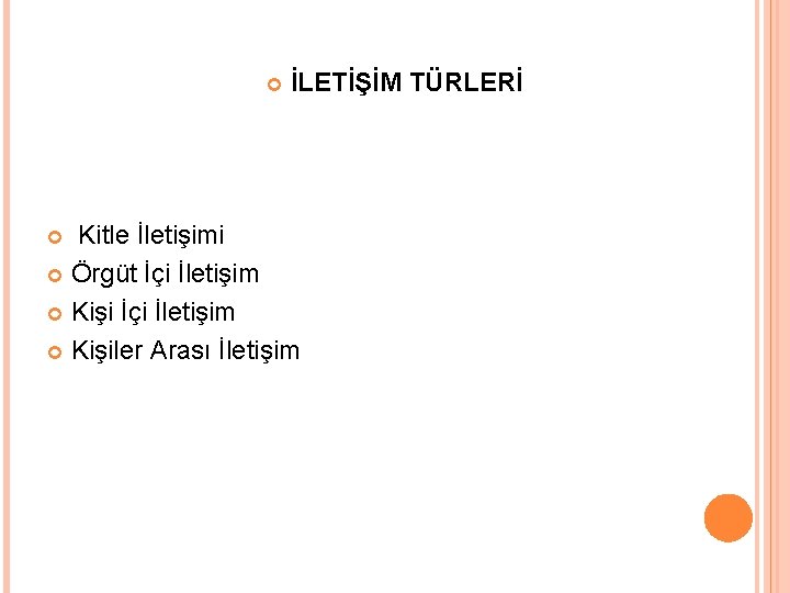  İLETİŞİM TÜRLERİ Kitle İletişimi Örgüt İçi İletişim Kişiler Arası İletişim 