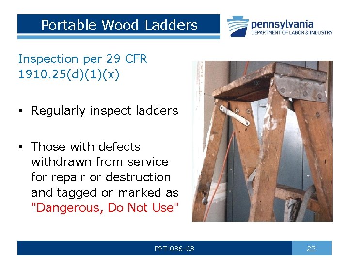 Portable Wood Ladders Inspection per 29 CFR 1910. 25(d)(1)(x) § Regularly inspect ladders §