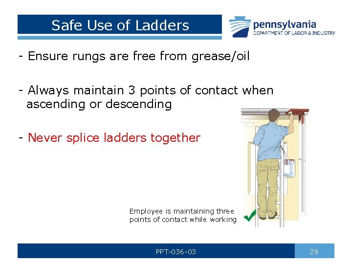 Safe Use of Ladders - Ensure rungs are free from grease/oil - Always maintain