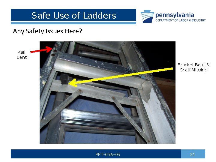 Safe Use of Ladders Any Safety Issues Here? Rail Bent Bracket Bent & Shelf