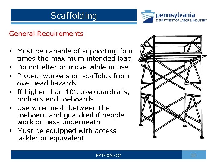 Scaffolding General Requirements § Must be capable of supporting four times the maximum intended