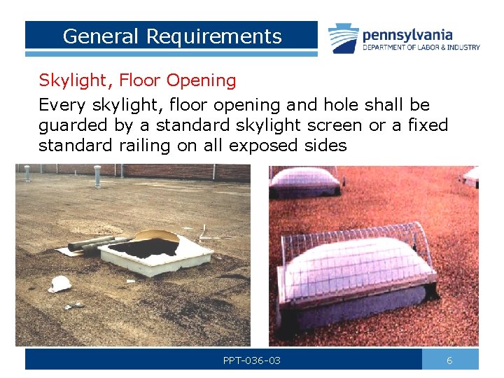General Requirements Skylight, Floor Opening Every skylight, floor opening and hole shall be guarded