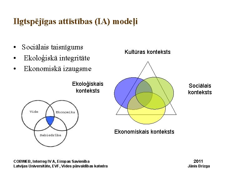 Ilgtspējīgas attīstības (IA) modeļi • Sociālais taisnīgums • Ekoloģiskā integritāte • Ekonomiskā izaugsme Kultūras