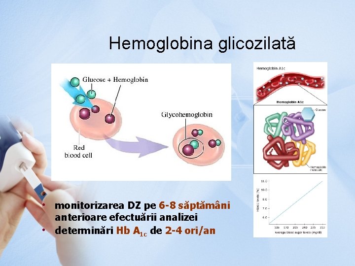 Hemoglobina glicozilată • monitorizarea DZ pe 6 -8 săptămâni anterioare efectuării analizei • determinări