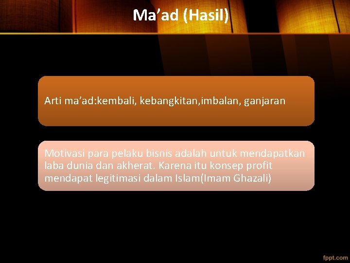 Ma’ad (Hasil) Arti ma’ad: kembali, kebangkitan, imbalan, ganjaran Motivasi para pelaku bisnis adalah untuk